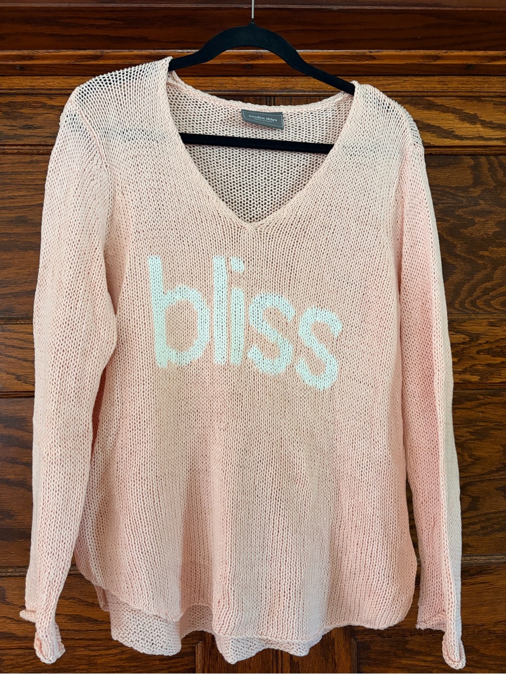 Wooden Ships Pink V-Neck Knit Sweater with White Lettering